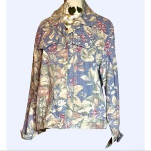 NORM THOMPSON JACKET FLORAL FRUIT PRINT DISTRESSED BLUE HEATHER DENIM MEDIUM